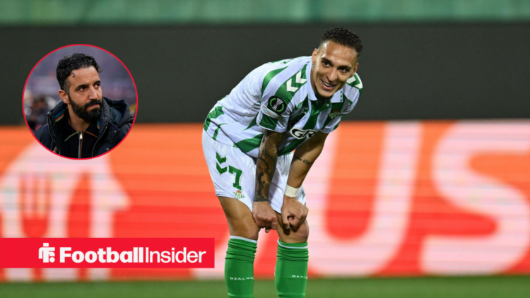 Man United boss Ruben Amorim in a circle next to an image of Antony in a Real Betis shirt