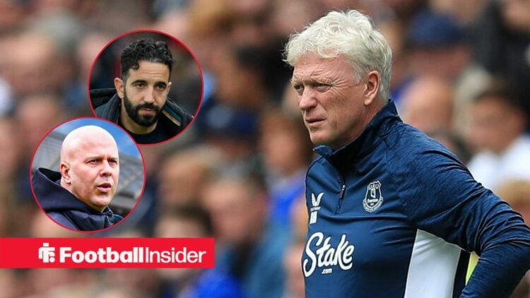 David Moyes on the sidelines at Everton, with Ruben Amorim and Arne Slot in circular insets