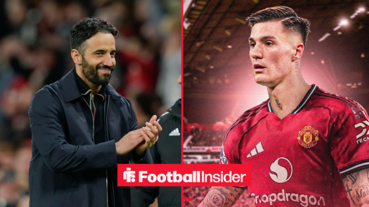Ruben Amorim applauding next to an image of Manchester United striker Benjamin Sesko
