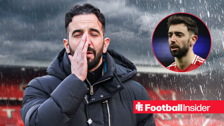 Ruben Amorim looks frustrated at Old Trafford, with Bruno Fernandes in a circular inset