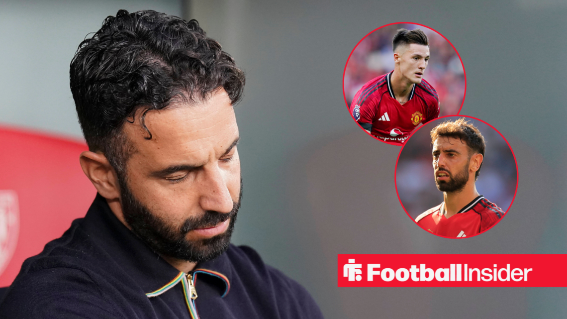 Ruben Amorim slumped in his chair in the dugout, Benjamin Sesko and Bruno Fernandes in circular inset
