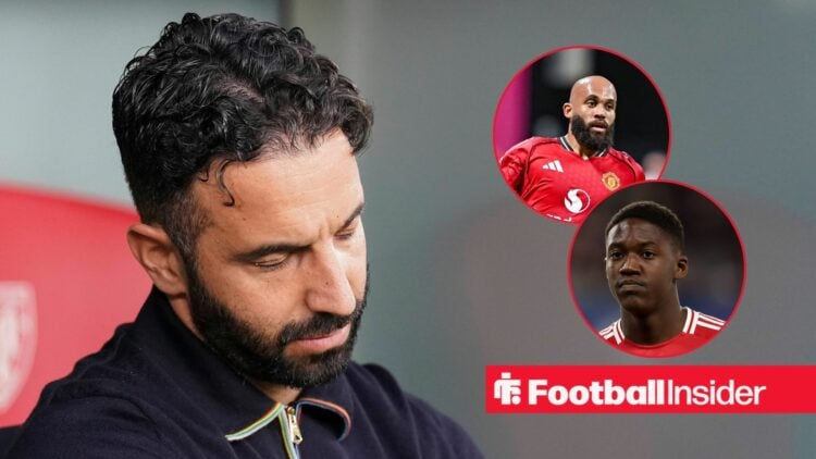 Ruben Amorim frowning in a blue jumper and Bryan Mbeumo and Kobbie Mainoo in insets