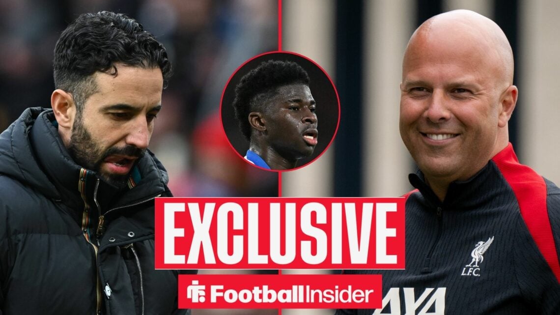 Ruben Amorim looking disapppointed on the left with Arne Slot smiling on the right and a focused Carlos Baleba in the middle above an EXCLUSIVE banner