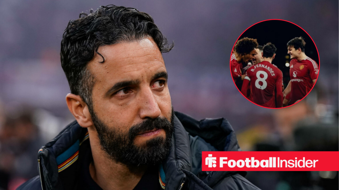 Ruben Amorim frowning, with Bruno Fernandes and Harry Maguire in a circular inset