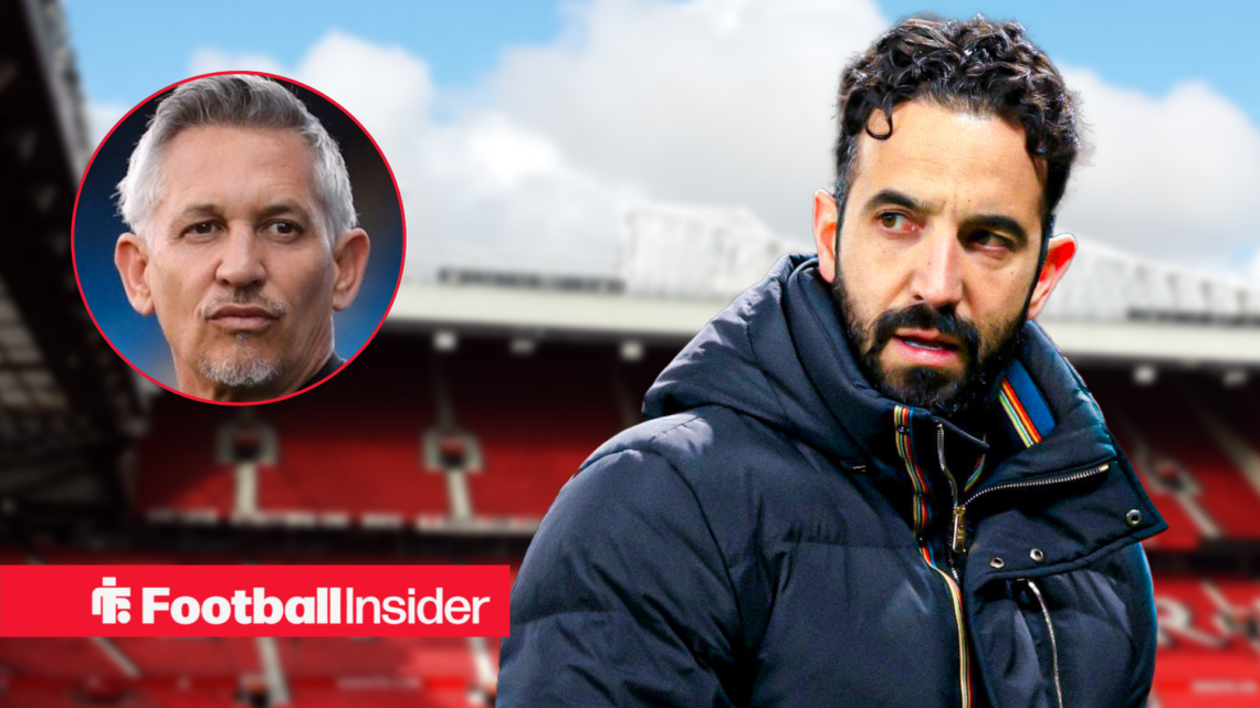 Manchester United manager Ruben Amorim against a backdrop of Old Trafford, alongside a circular inset of Gary Lineker.
