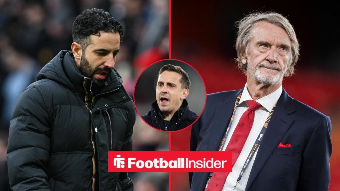 Ruben Amorim looking glum and Sir Jim Ratcliffe smiling with Gary Neville in inset