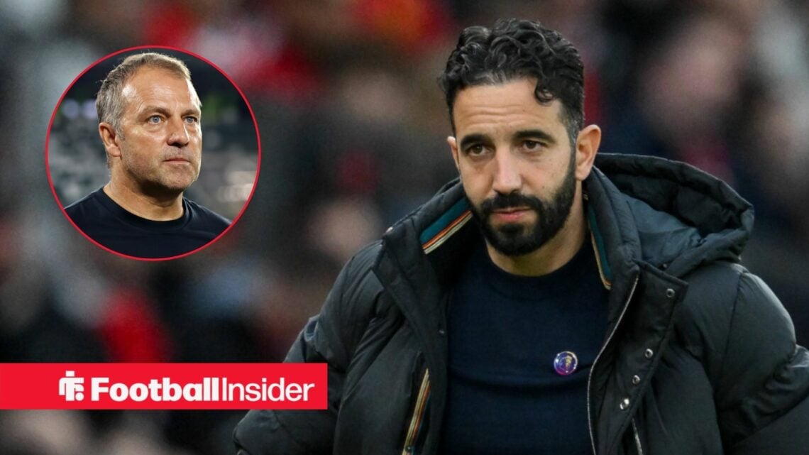 Ruben Amorim on the touchline at Man United, with Hansi Flick in a circular inset