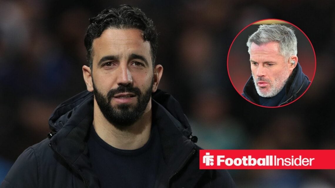 Man United manager Ruben Amorim, alongside a circular inset of Jamie Carragher