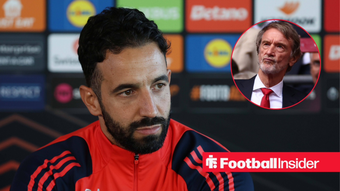 Ruben Amorim in a press conference, with Jim Ratcliffe in a circular inset