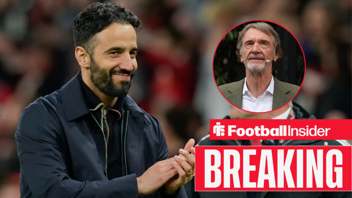 Man United boss Ruben Amorim applauds alongside an image of owner Jim Ratcliffe