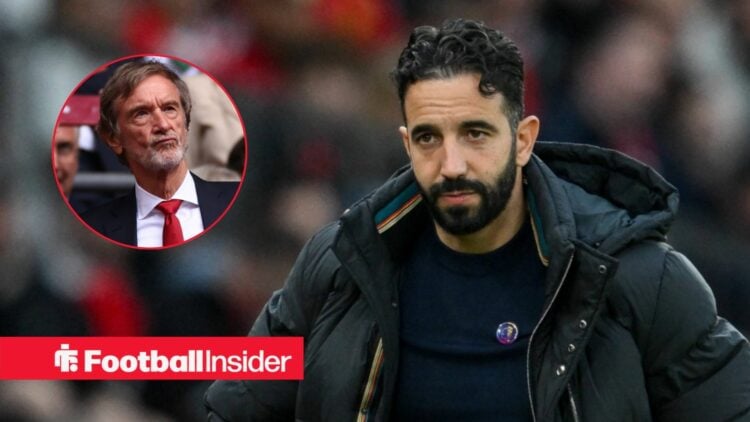 Man United head coach Ruben Amorim looking concerned with owner Jim Ratcliffe left inset looking on from stands
