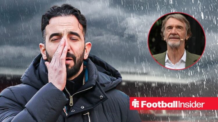 Man United boss Ruben Amorim looking concerned alongside a headshot of owner Jim Ratcliffe