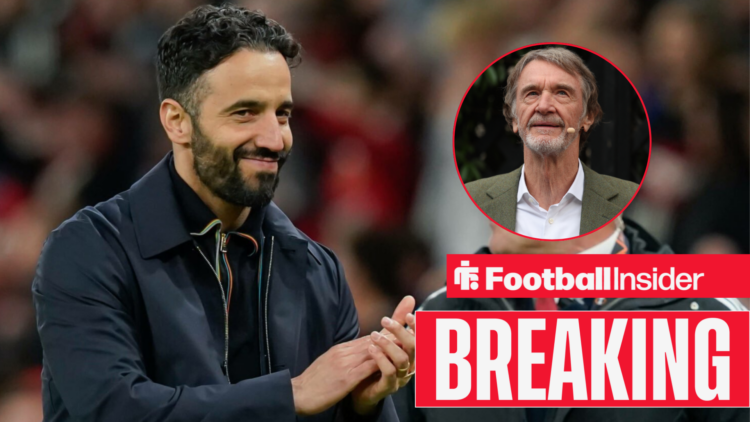 Man United boss Ruben Amorim applauds alongside an image of owner Jim Ratcliffe