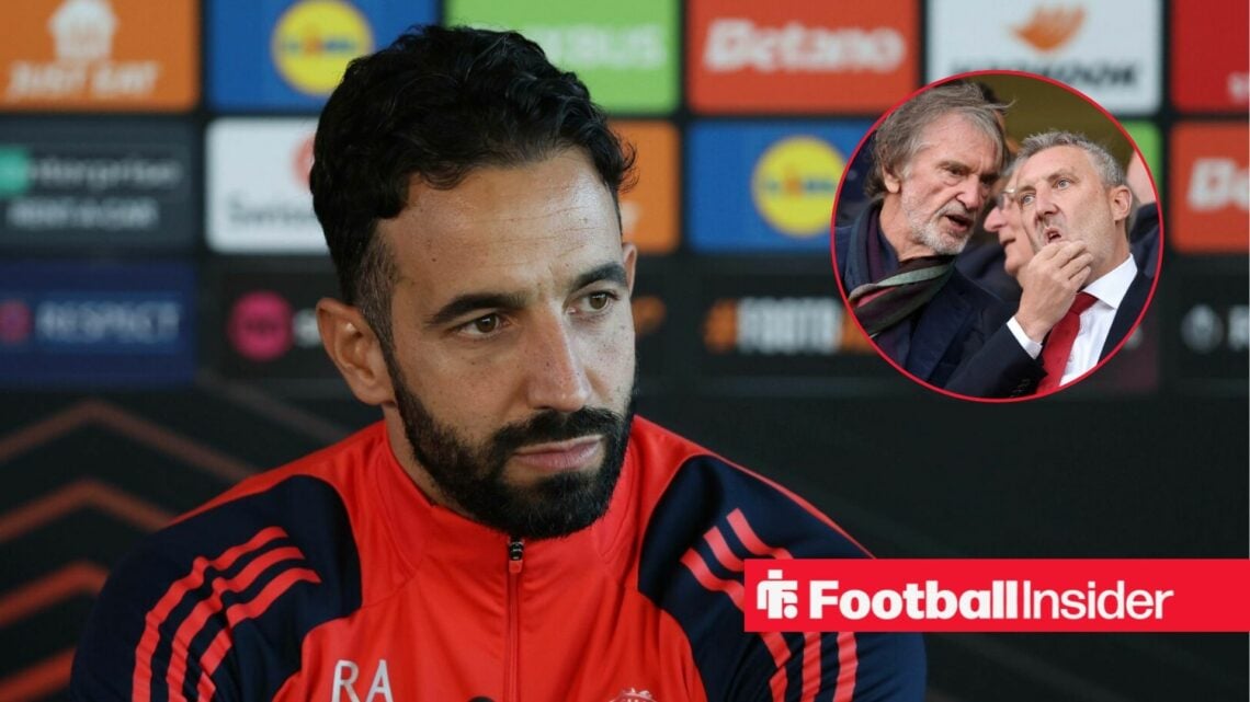Ruben Amorim in a Man United press conference, with Jason Wilcox and Jim Ratcliffe in a circular inset