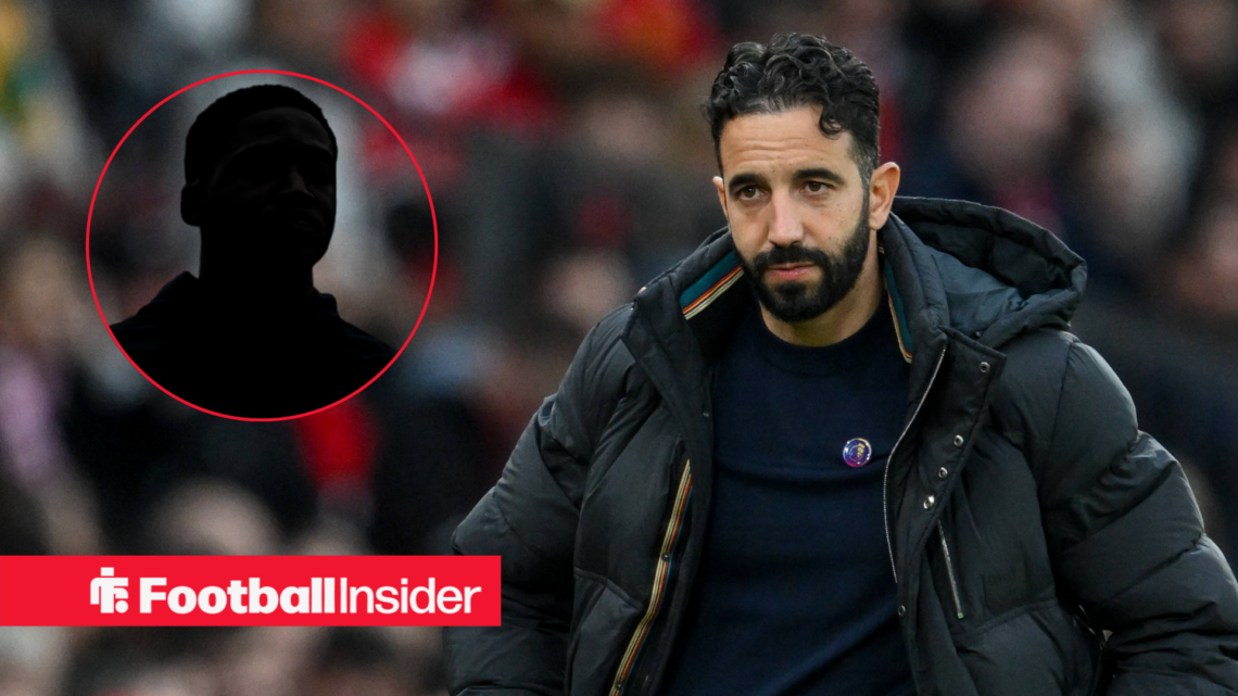 Ruben Amorim on the sidelines at Old Trafford, Kobbie Mainoo silhouette in a circular inset