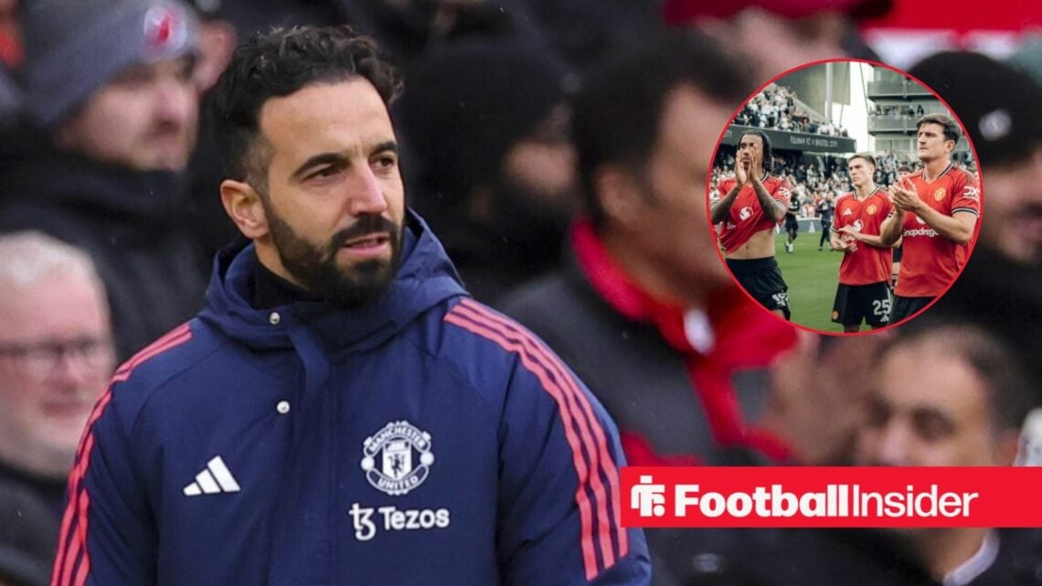 Ruben Amorim on the sideline at Old Trafford, with Harry Maguire, Leny Yoro and Manuel Ugarte in a circular inset