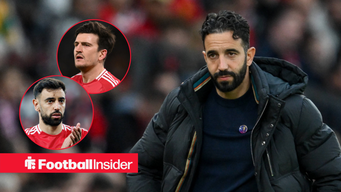Ruben Amorim at Old Trafford with Bruno Fernandes and Harry Maguire insets