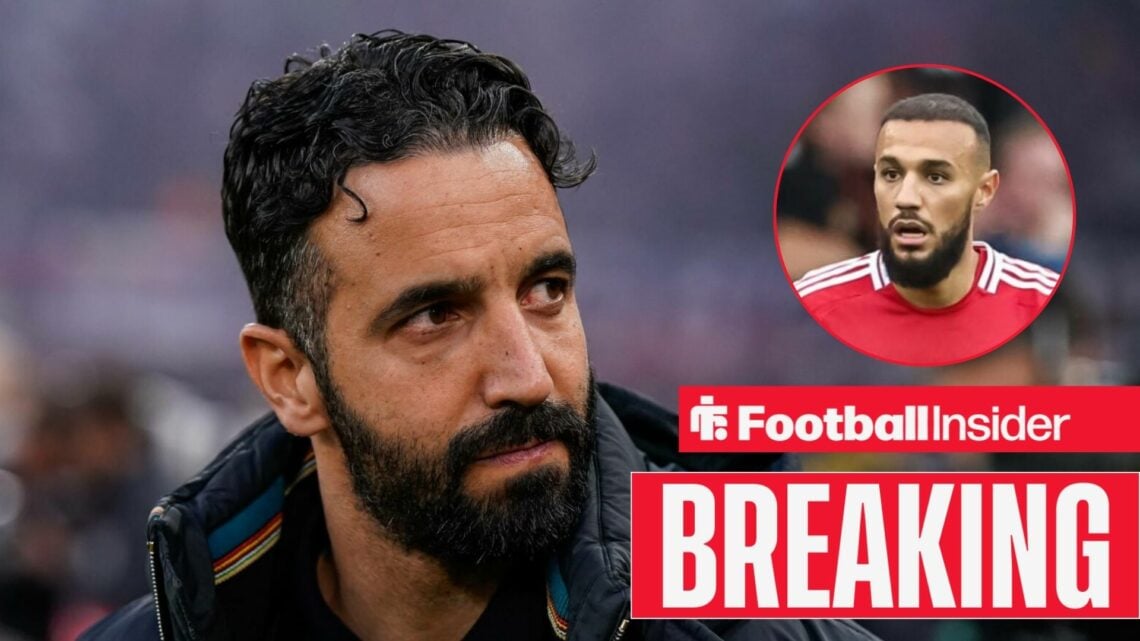 Man United manager Ruben Amorim alongside a circular inset of Noussair Mazraoui.