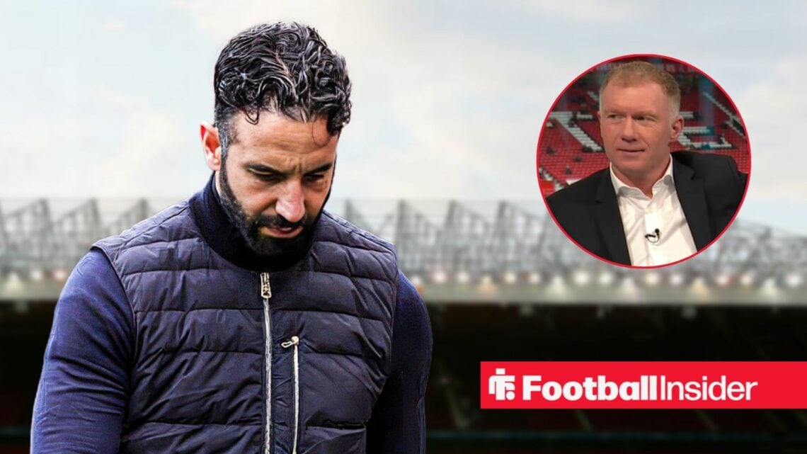 Ruben Amorim hanging his head at Old Trafford, Paul Scholes in a circular inset