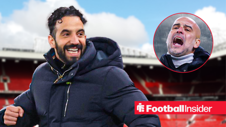 Ruben Amorim celebrating, with Pep Guardiola in a circular inset