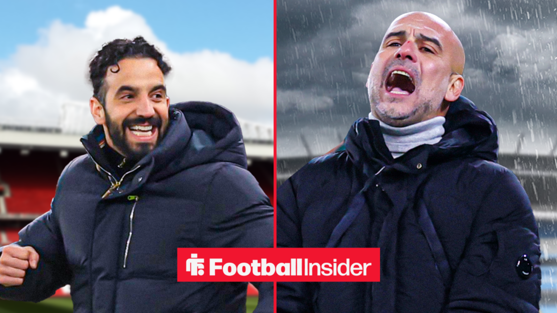 Man United boss Ruben Amorim celebrates alongside Man City boss Pep Guardiola looking worried