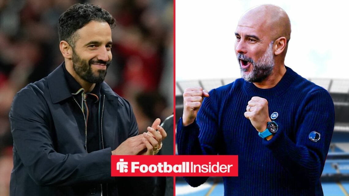 Ruben Amorim clapping alongside Pep Guardiola celebrating