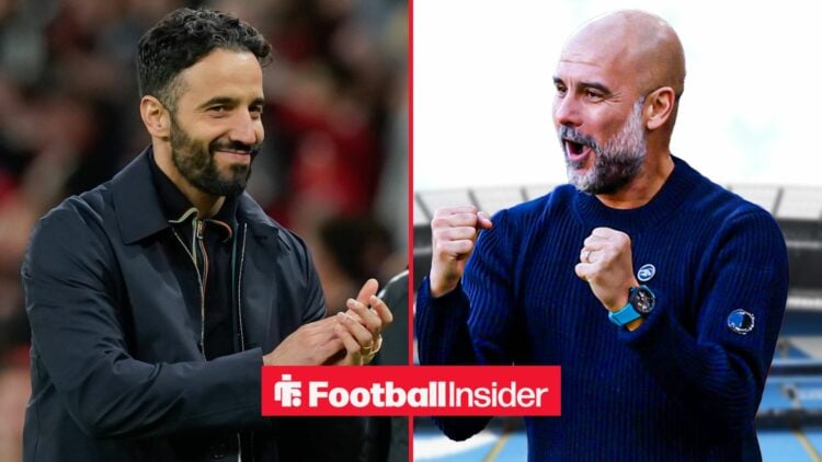 Ruben Amorim clapping alongside Pep Guardiola celebrating