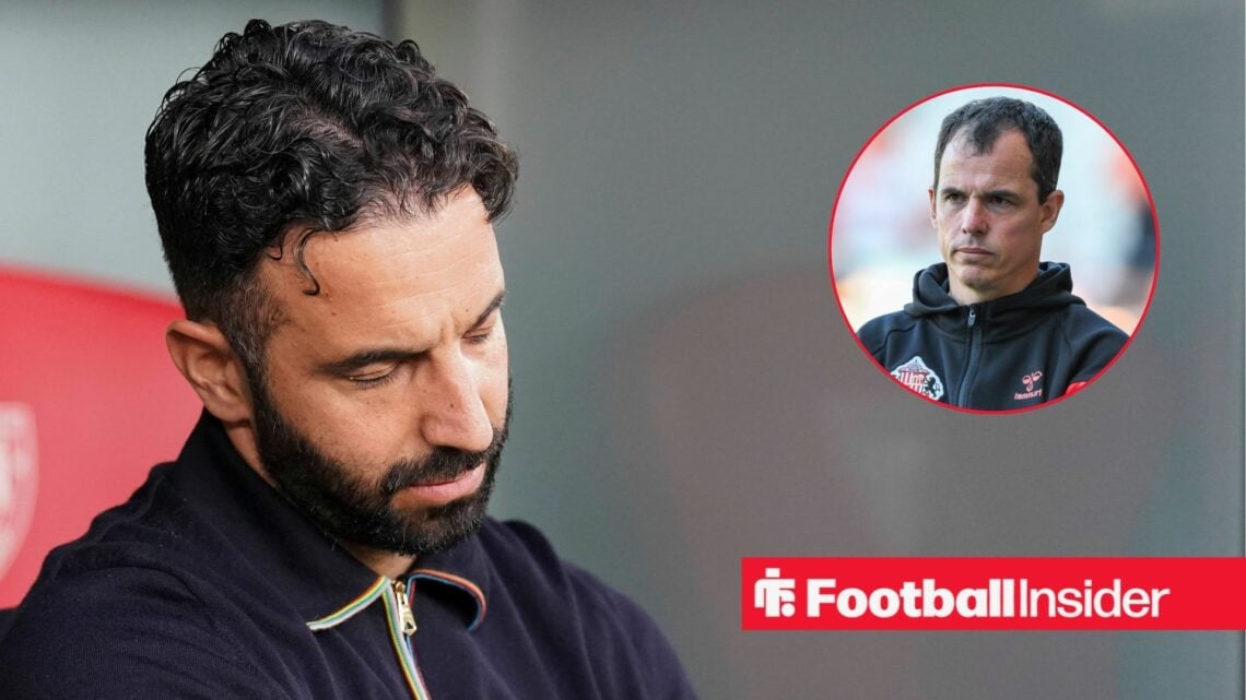 Ruben Amorim slumped in the dugout, Regis Le Bris in a circular inset