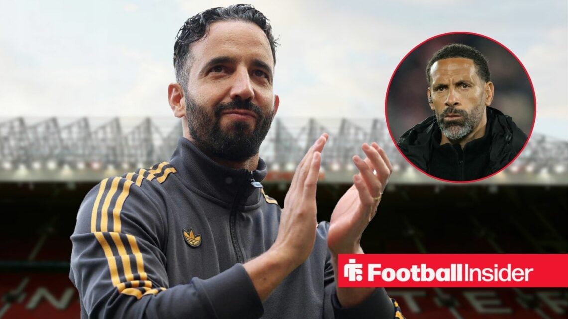 Man United manager Ruben Amorim against a back drop of Old Trafford alongside a circular inset of Rio Ferdinand