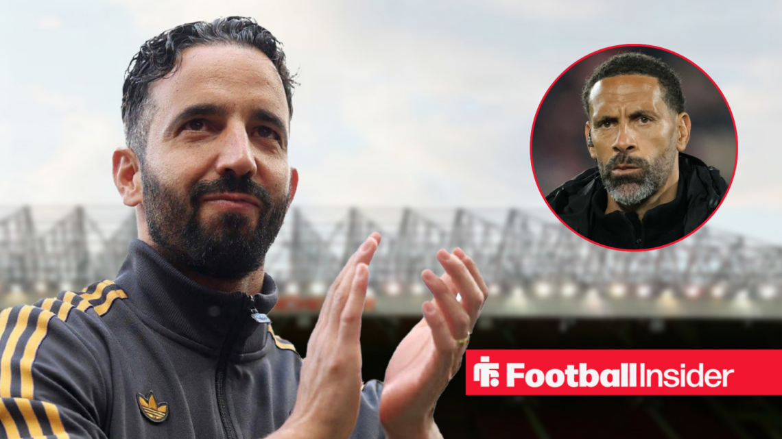 Manchester United manager Ruben Amorim against a back drop of Old Trafford alongside a circular inset of Rio Ferdinand.