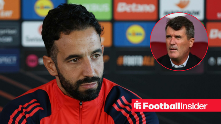 Manchester United boss Ruben Amorim at a press conference alongside a headshot of Roy Keane