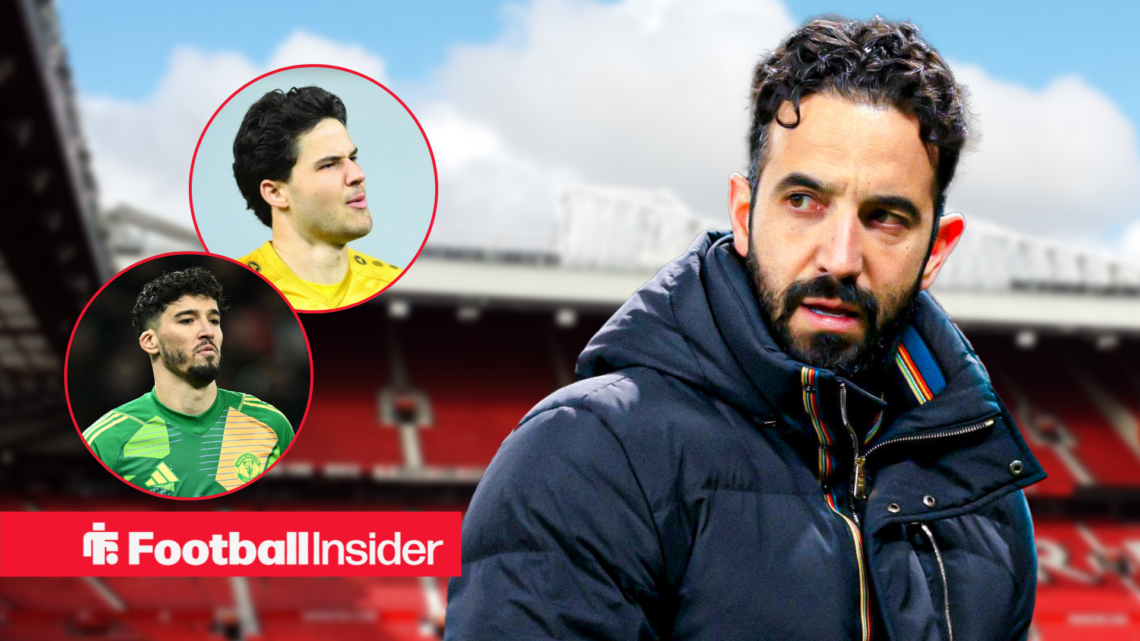 Man United manager Ruben Amorim, alongside circular insets of Senne Lammens and Altay Bayindir