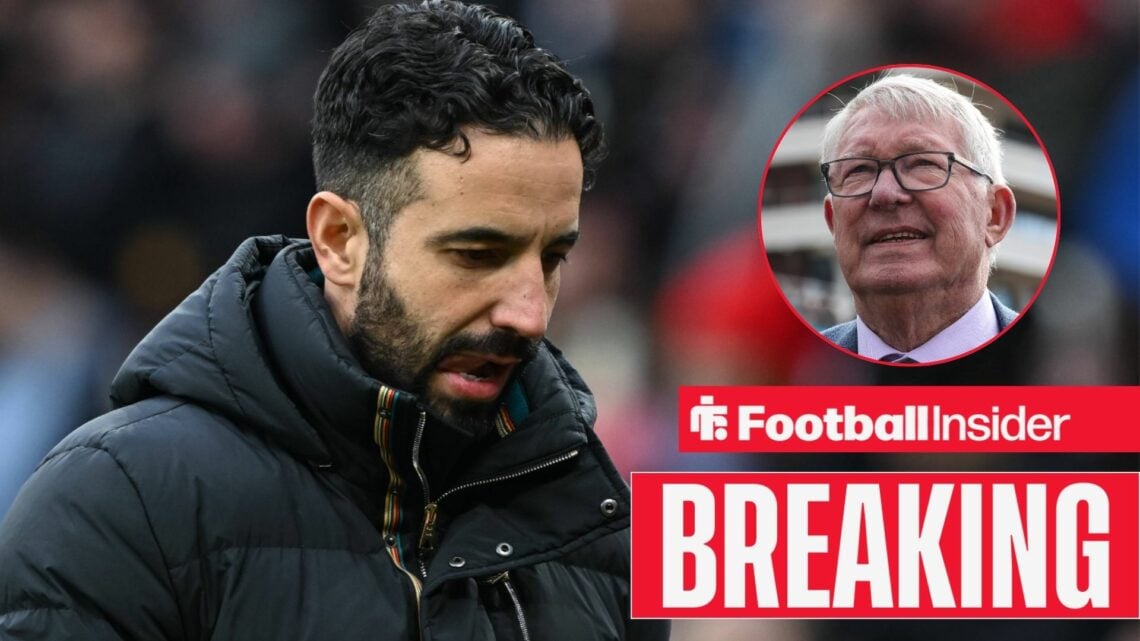 Ruben Amorim staring at the ground, Sir Alex Ferguson in a circular inset