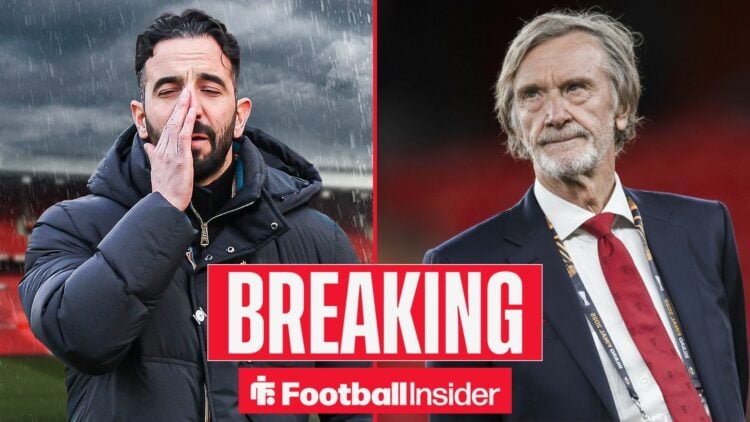 Ruben Amorim in the rain at Old Trafford, with Sir Jim Ratcliffe watching on