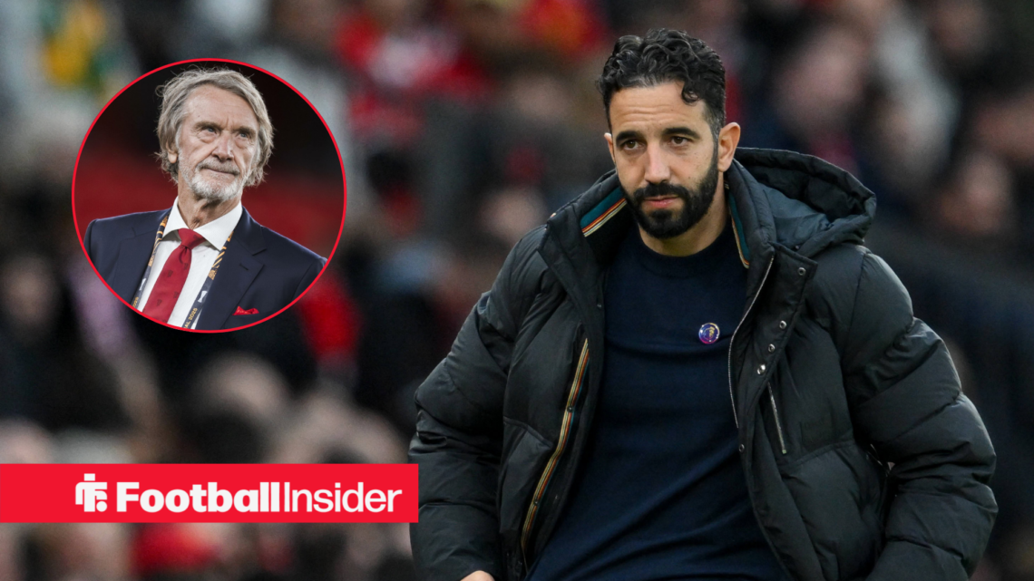 Ruben Amorim on the sidelines at Old Trafford, Sir Jim Ratcliffe in a circular inset