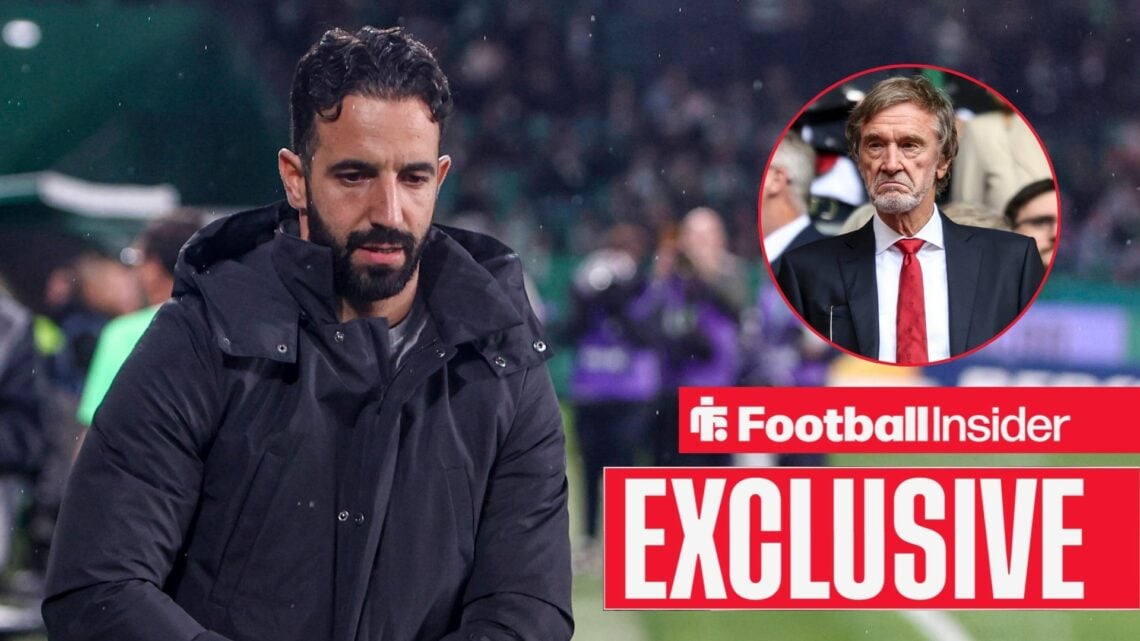 Ruben Amorim walking down the touchline, Sir Jim Ratcliffe in a circular inset, exclusive news banner