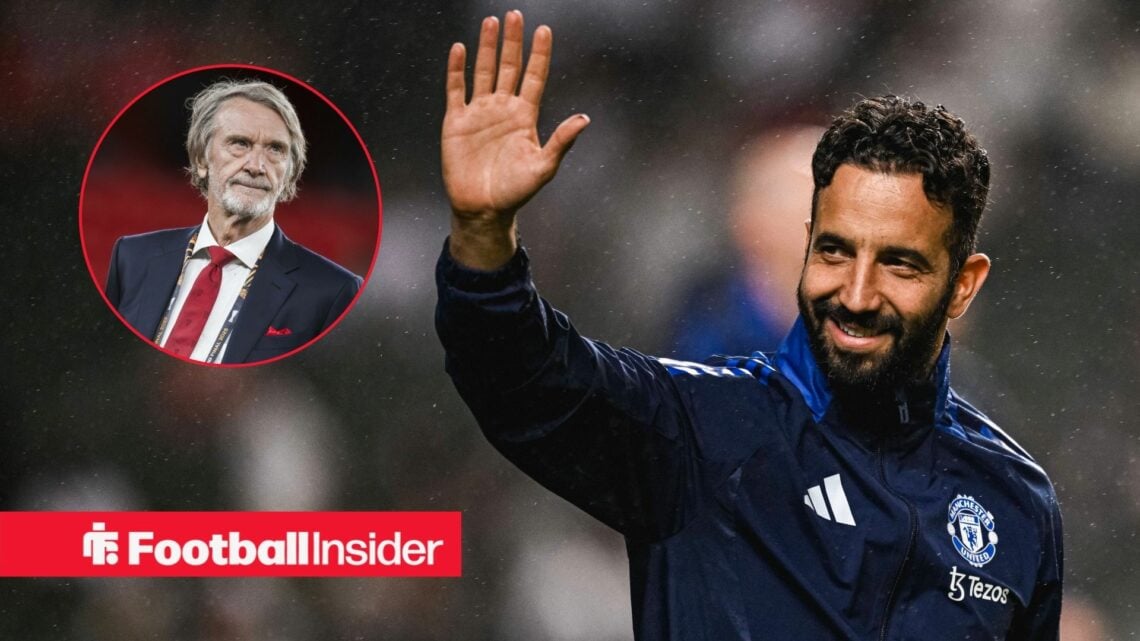 Ruben Amorim smiling and waving, Sir Jim Ratcliffe in a circular inset