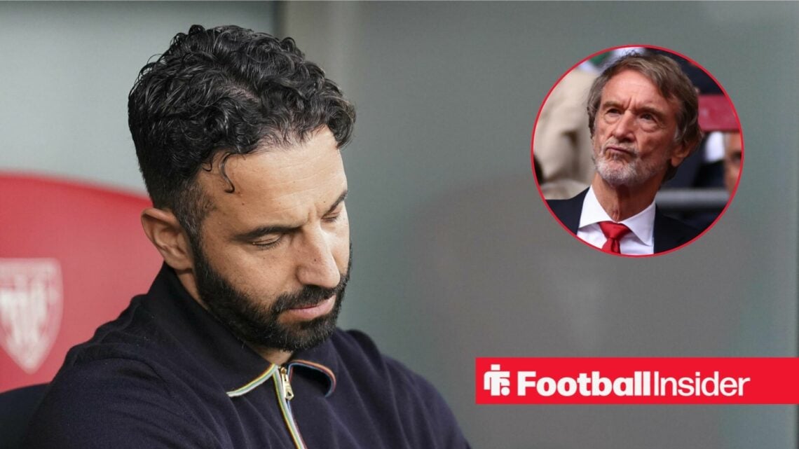 Ruben Amorim on the sidelines at Man United, with Sir Jim Ratcliffe in a circular inset