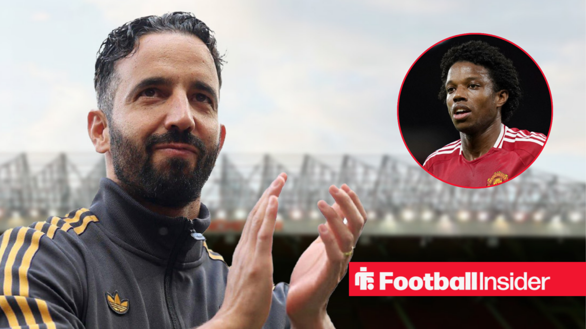 Manchester United manager Ruben Amorim against a back drop of Old Trafford alongside a circular inset of Tyrell Malacia