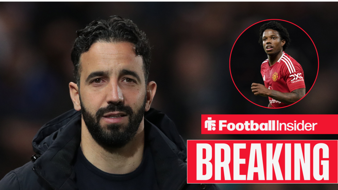 Man United boss Ruben Amorim alongsode an image of Tyrell Malacia