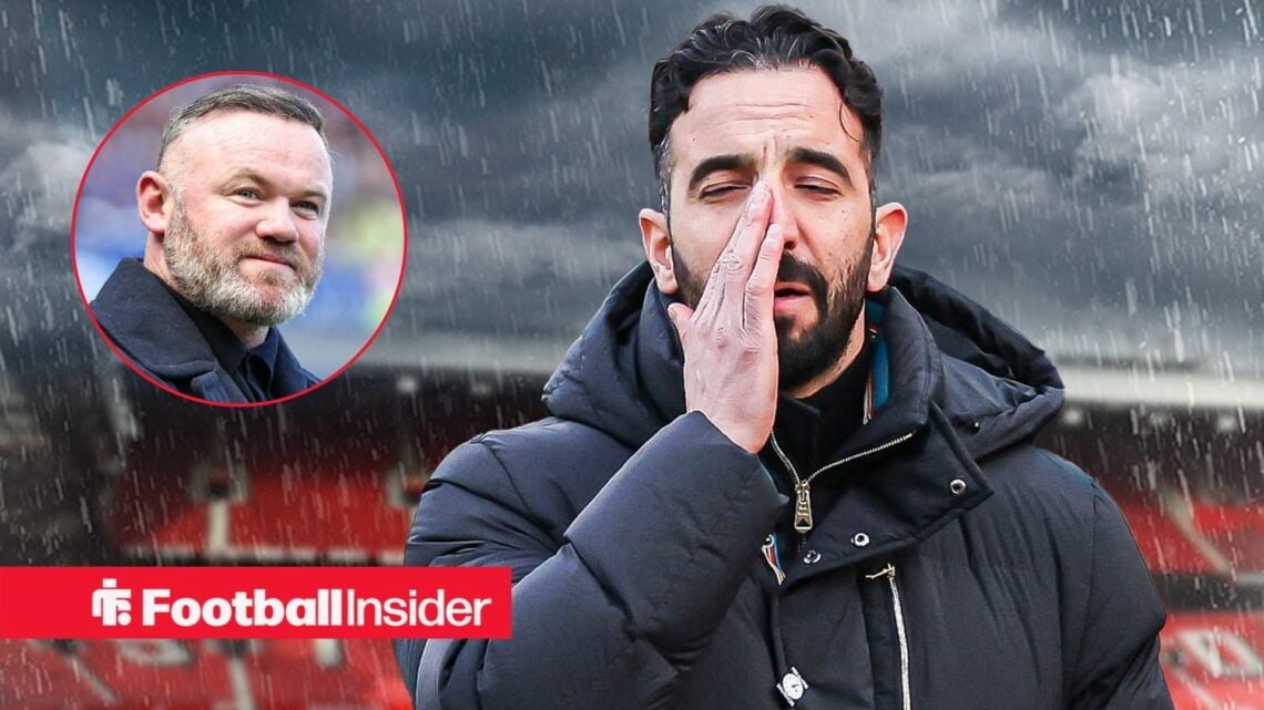 Man United manager Ruben Amorim against a gloomy backdrop of Old Trafford alongside a circular inset of Wayne Rooney