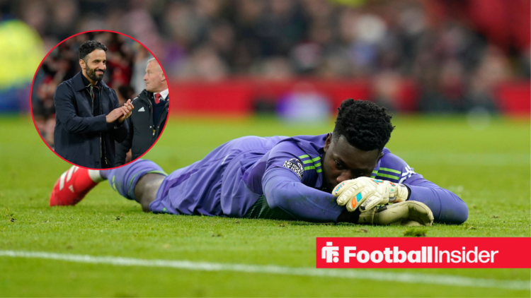 Andre Onana in a purple Manchester United kit and Ruben Amorim in a black coat in a red circle