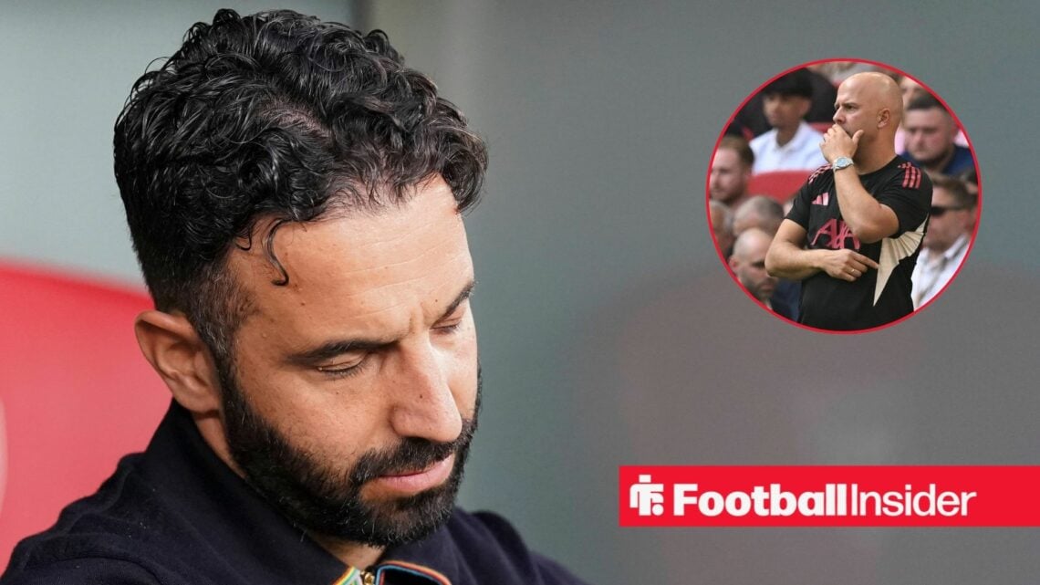 Ruben Amorim looking frustrated and Arne Slot in inset