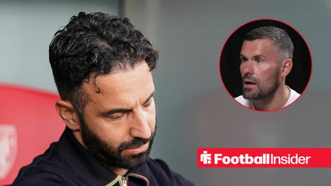 Ruben Amorim looking sad on the left with his eyes closed and an animated Ben Foster on the right
