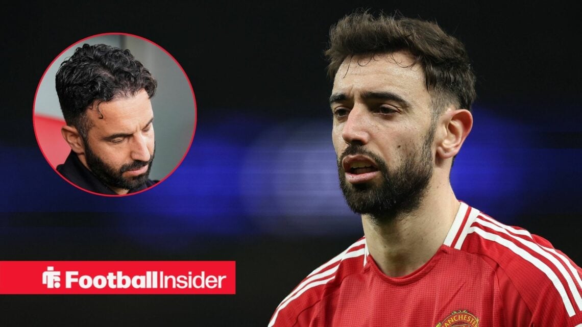 Ruben Amorim sad on the left with an annoyed Bruno Fernandes on the right
