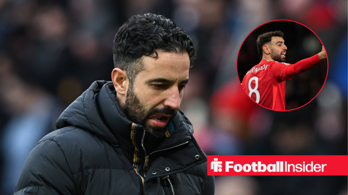 Ruben Amorim in a black coat and Bruno Fernandes in a red Manchester United kit in a red circle