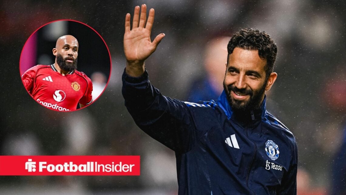 Ruben Amorim waving in a blue tracksuit and Bryan Mbeumo in inset