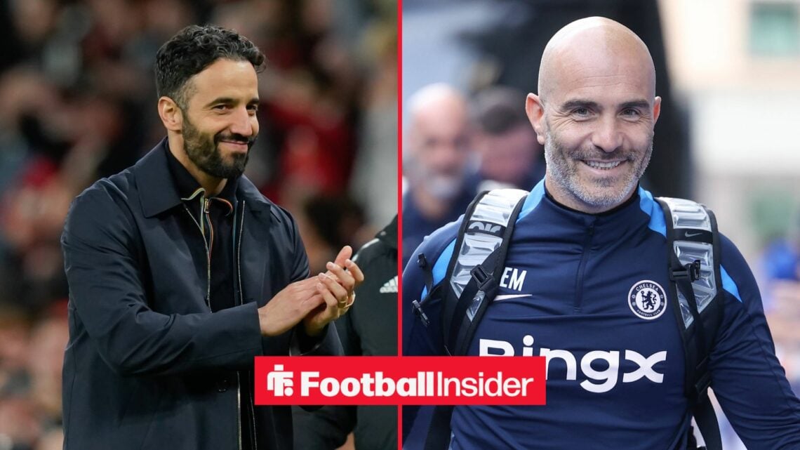 Ruben Amorim clapping his hands next to Enzo Maresca smiling