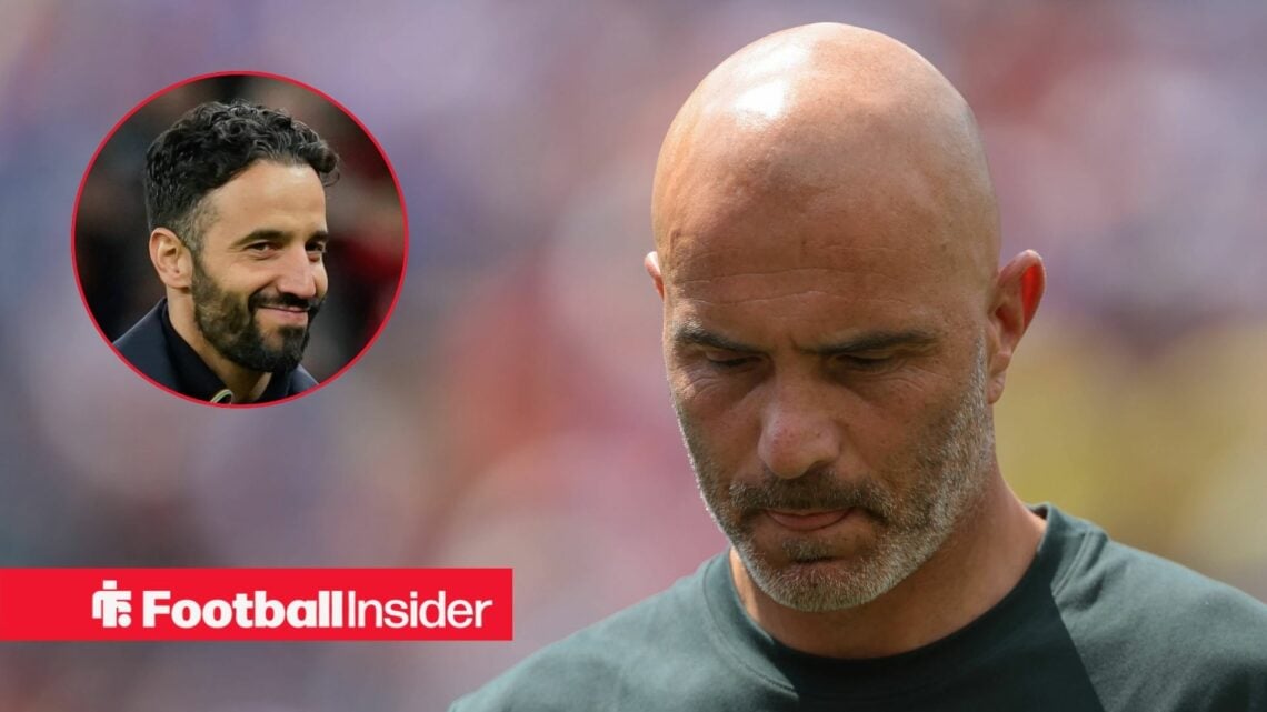Ruben Amorim smirking on the left with a disappointed Enzo Maresca with his tongue sticking out on the right