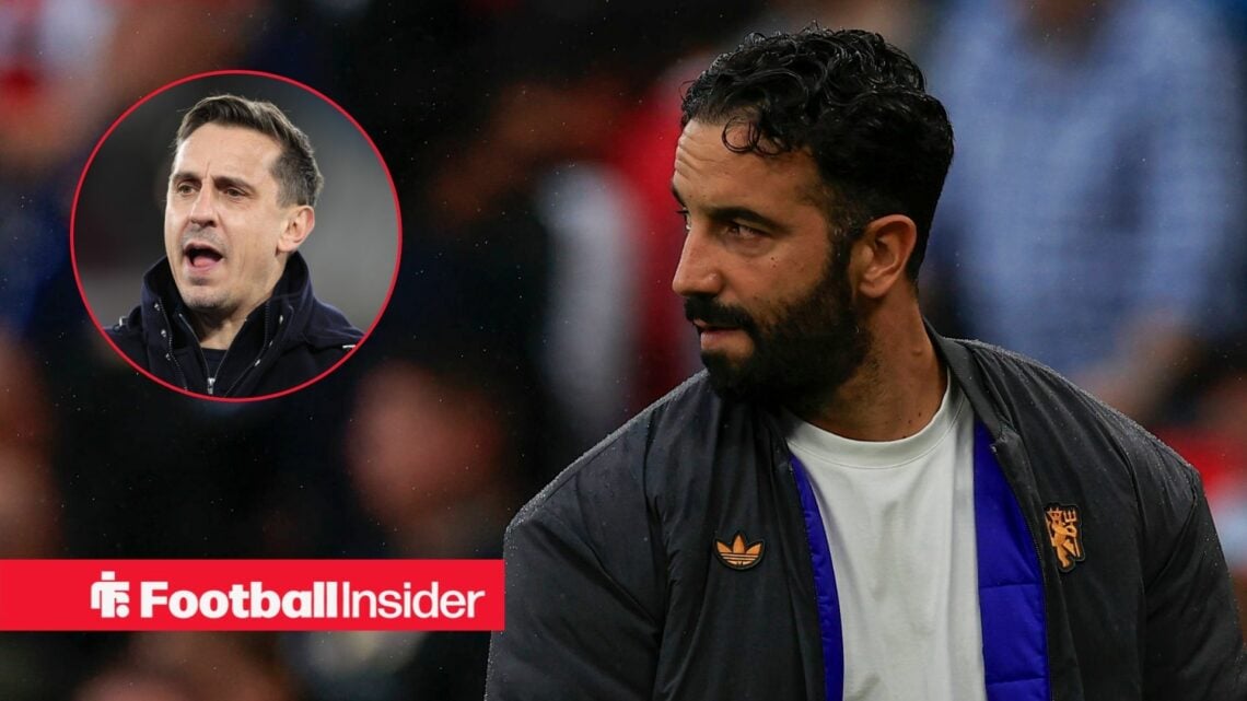 Ruben Amorim looking over his shoulder and Gary Neville in inset